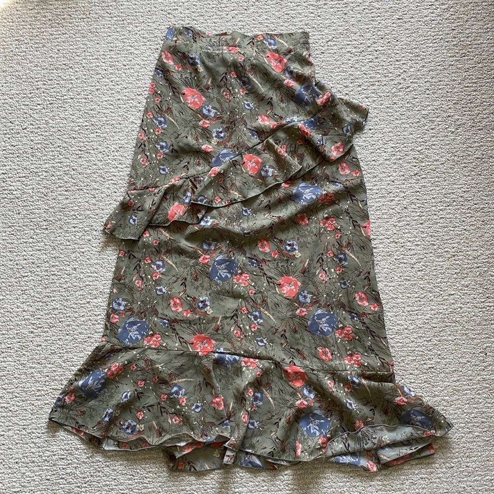 Green floral ruffle maxi skirt